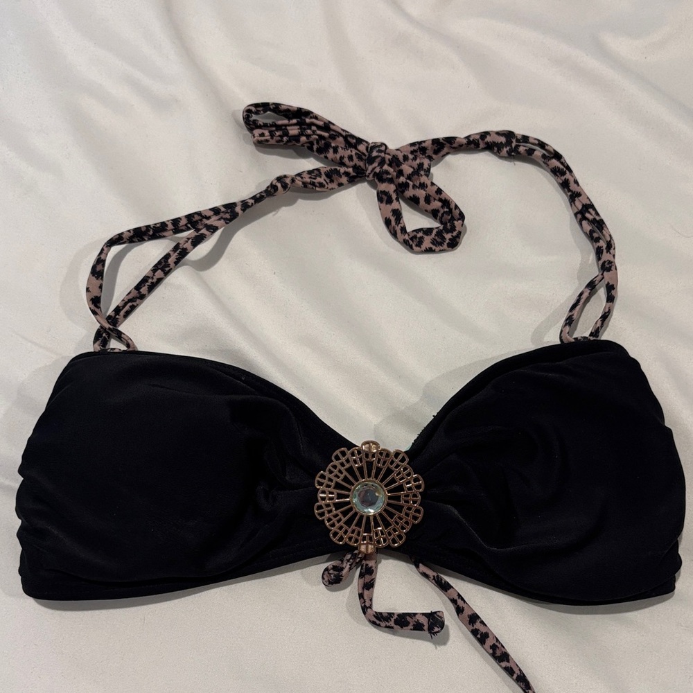 Xhilaration Black Bikini Top with Animal Print Straps